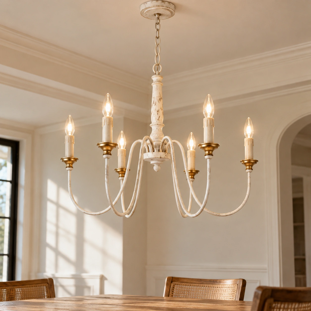 Six-arm chandelier over a dining area