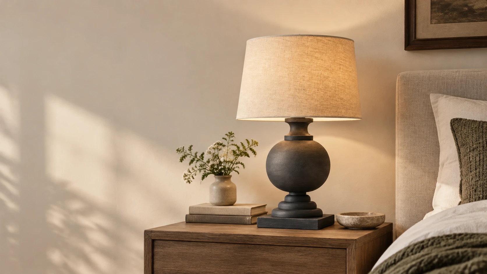Dark wood table lamp on a bedside cabinet