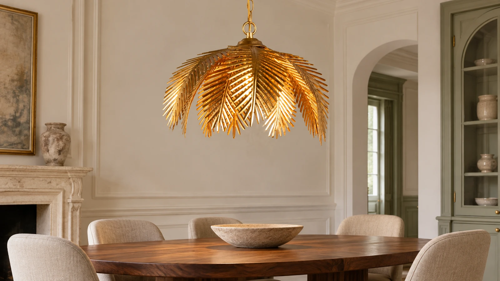 Mila gold leaf chandelier in a dining room