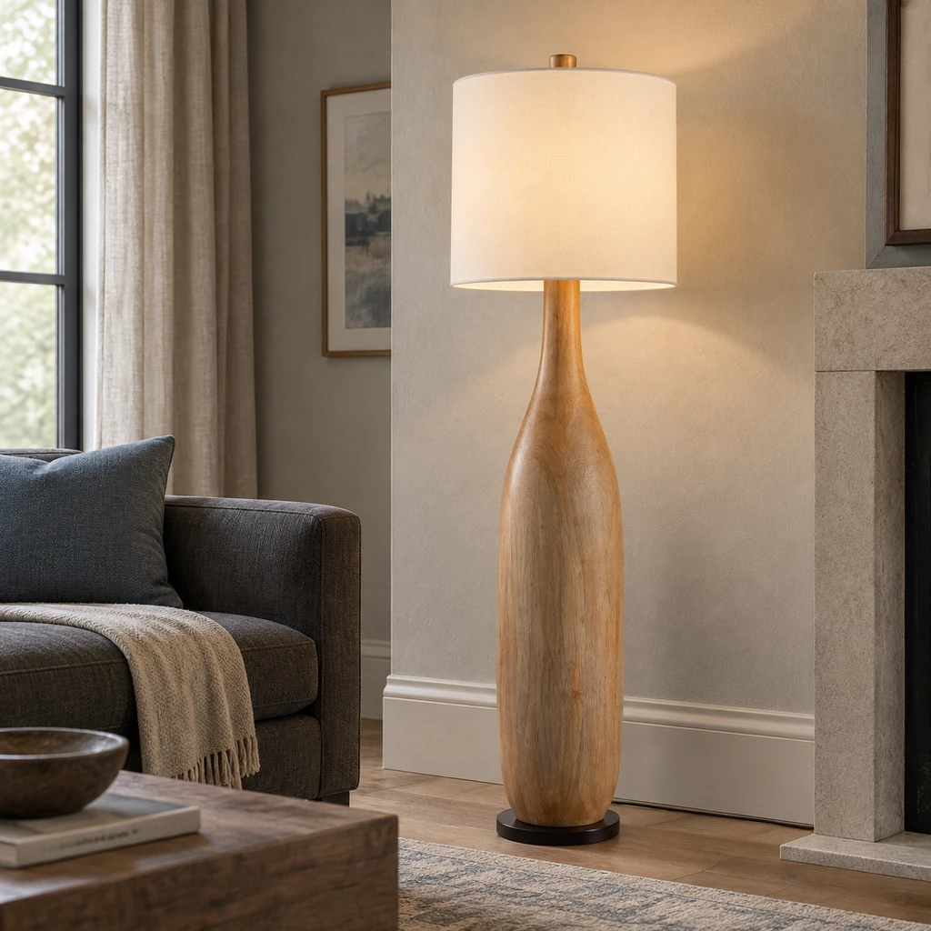 Amelia American Rustic Turned Wood and Fabric Floor Lamp, Natural Wood - 45 cm wide x 160 cm high, medium-near hospitality setting