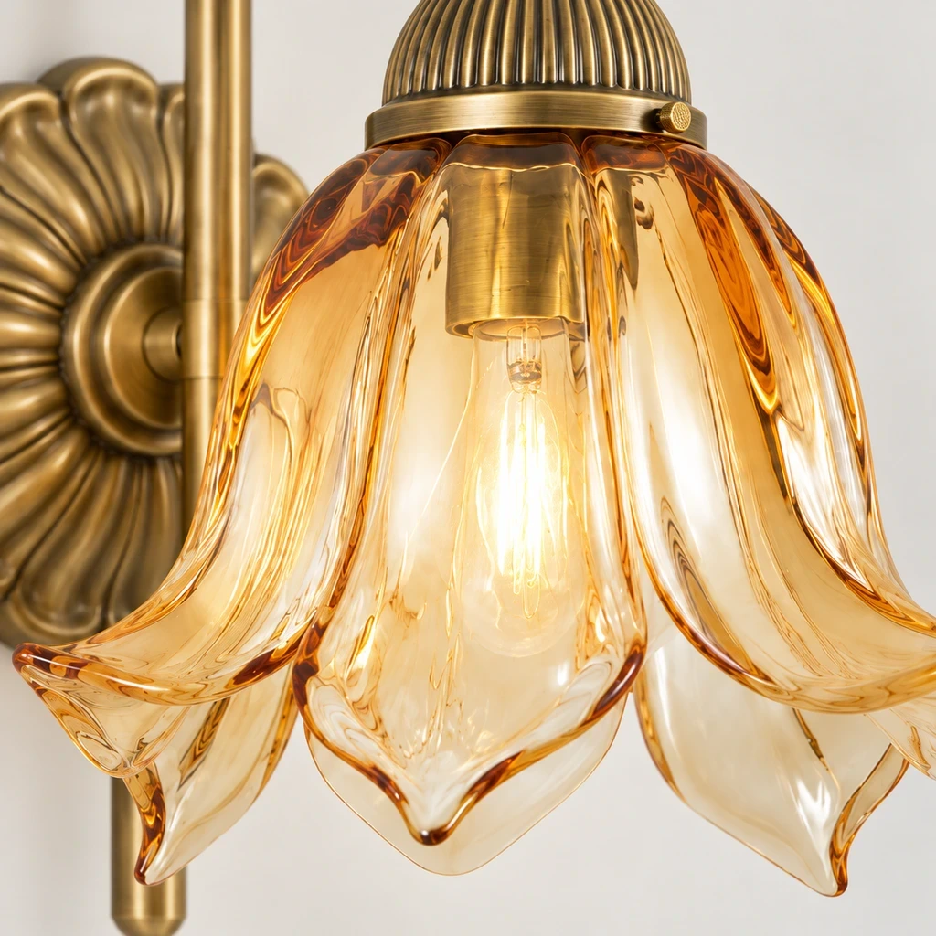 Close view of the translucent amber petal glass shade