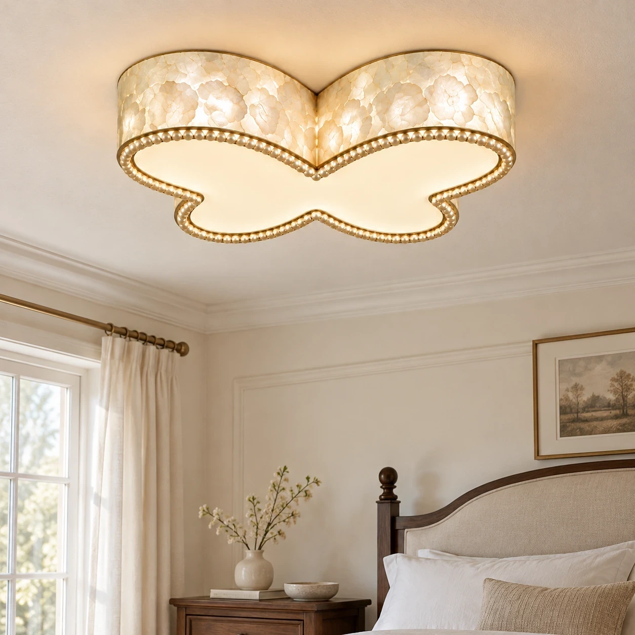 Wushlp Vintage Butterfly Shell Flush Mount Ceiling Light beside a bedroom