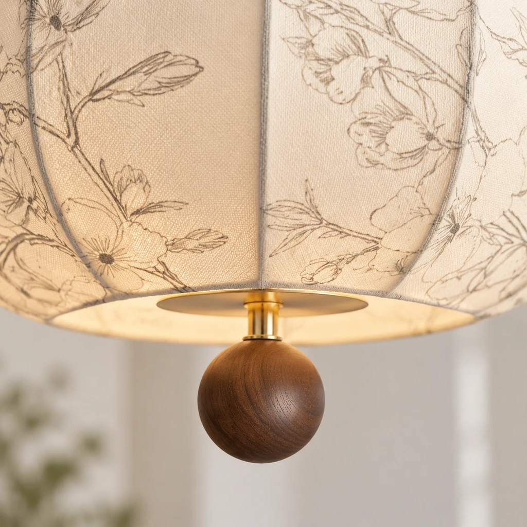 Close view of Amelia American Vintage Floral Wood & Fabric Pendant Light lower wood finial and suspension wire
