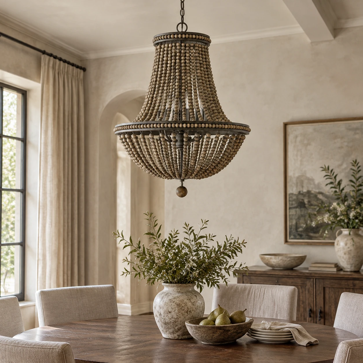 Nora large smoked wood bead chandelier in a farmhouse dining room