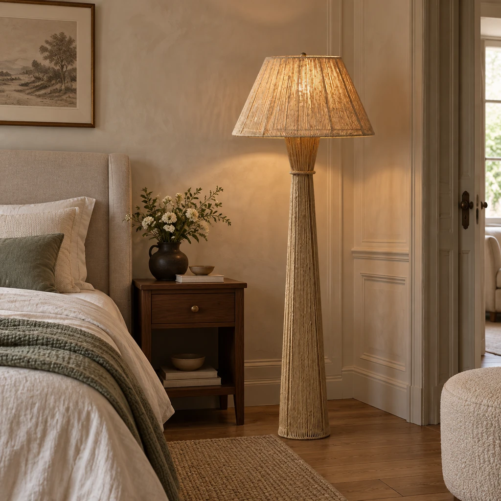 Dahlia woven floor lamp in a French rustic bedroom