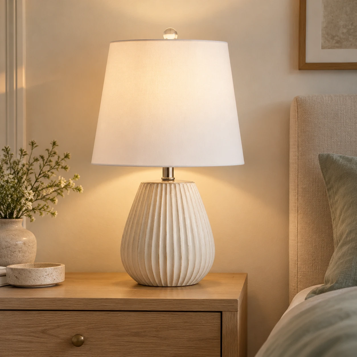 Clara table lamp on a bedside table in a calm bedroom