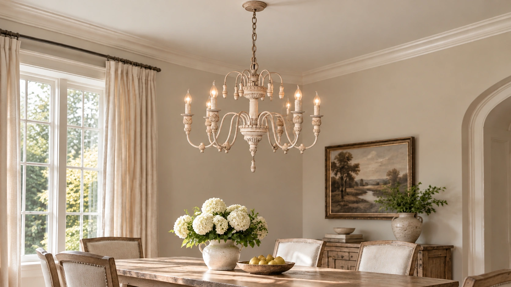 Rustic carved wood chandelier in an interior setting