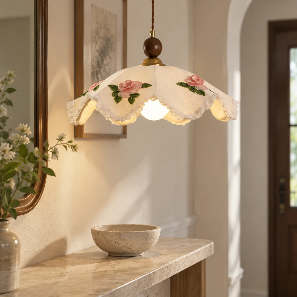 Nora embroidered pendant light above a compact study