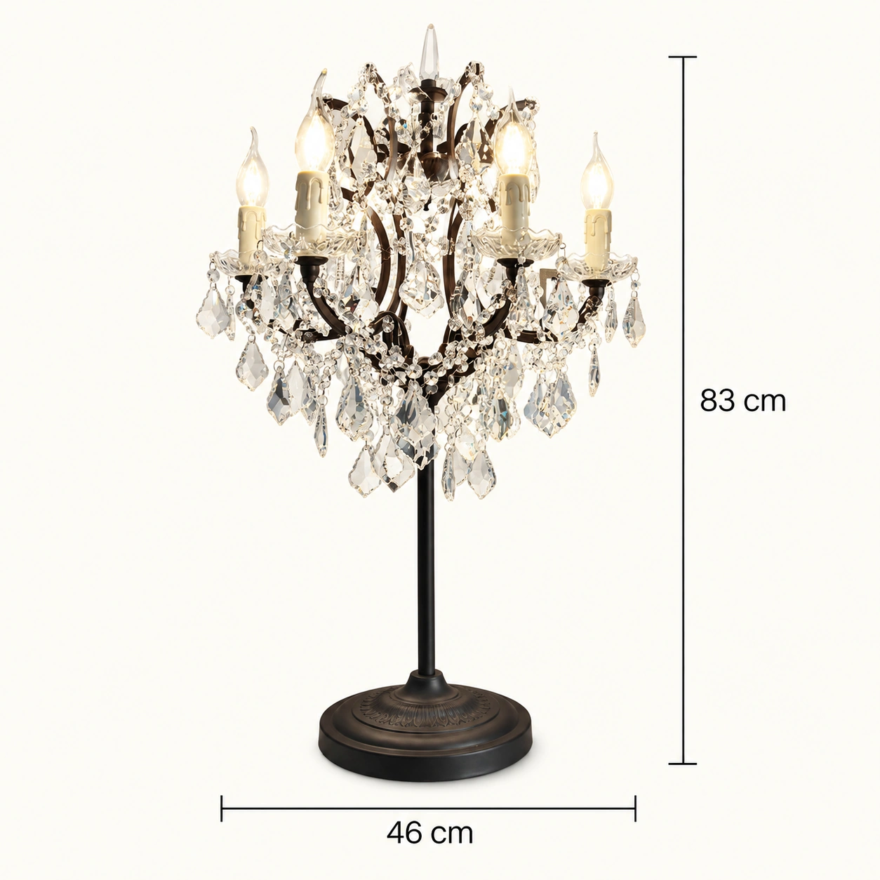 Verified table-lamp dimensions: 46 cm diameter and 83 cm height