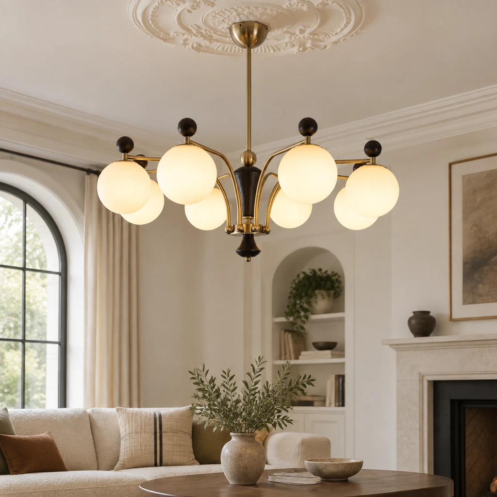 Julian multi-globe wood and glass chandelier
