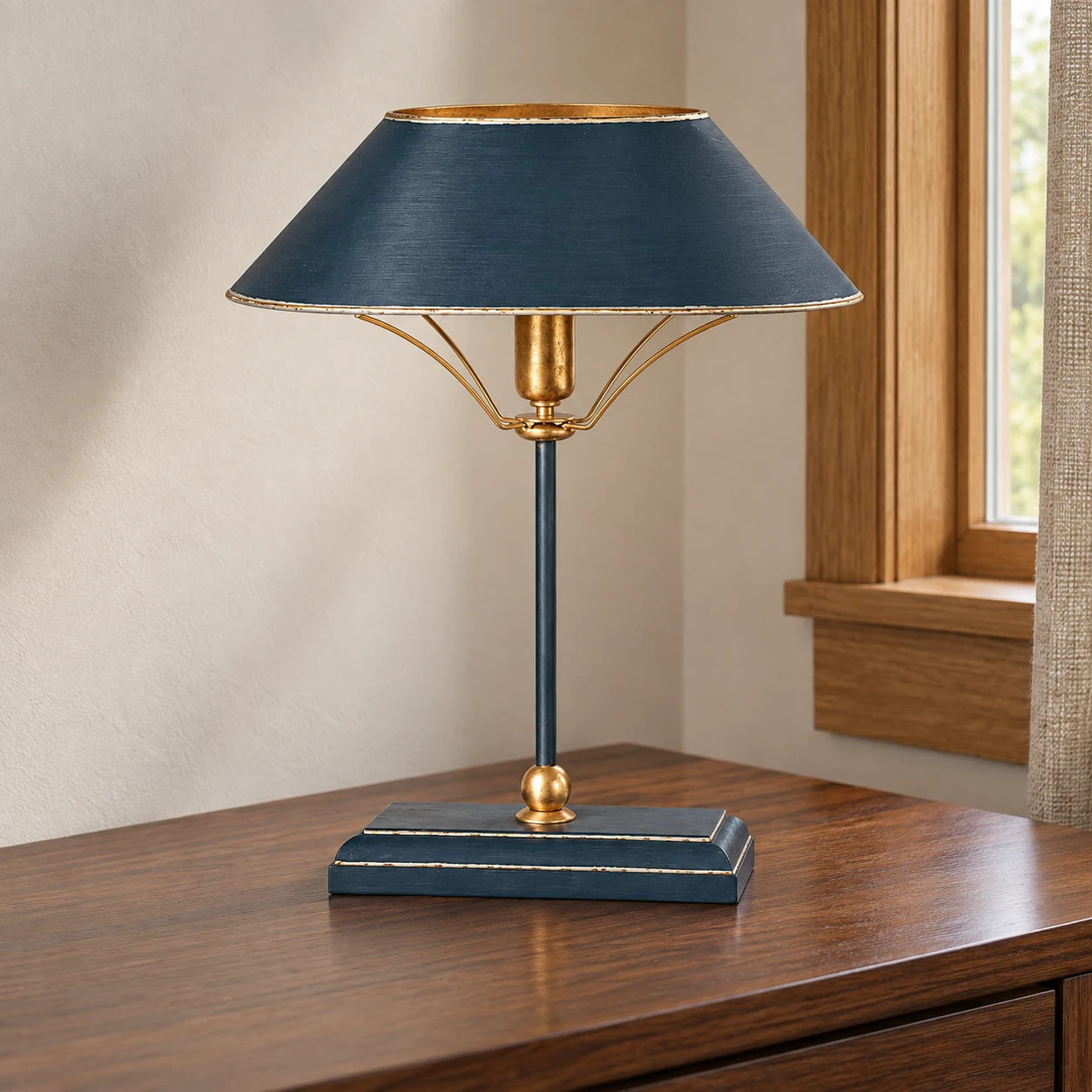 Muted blue and gold Odette table lamp in a home study