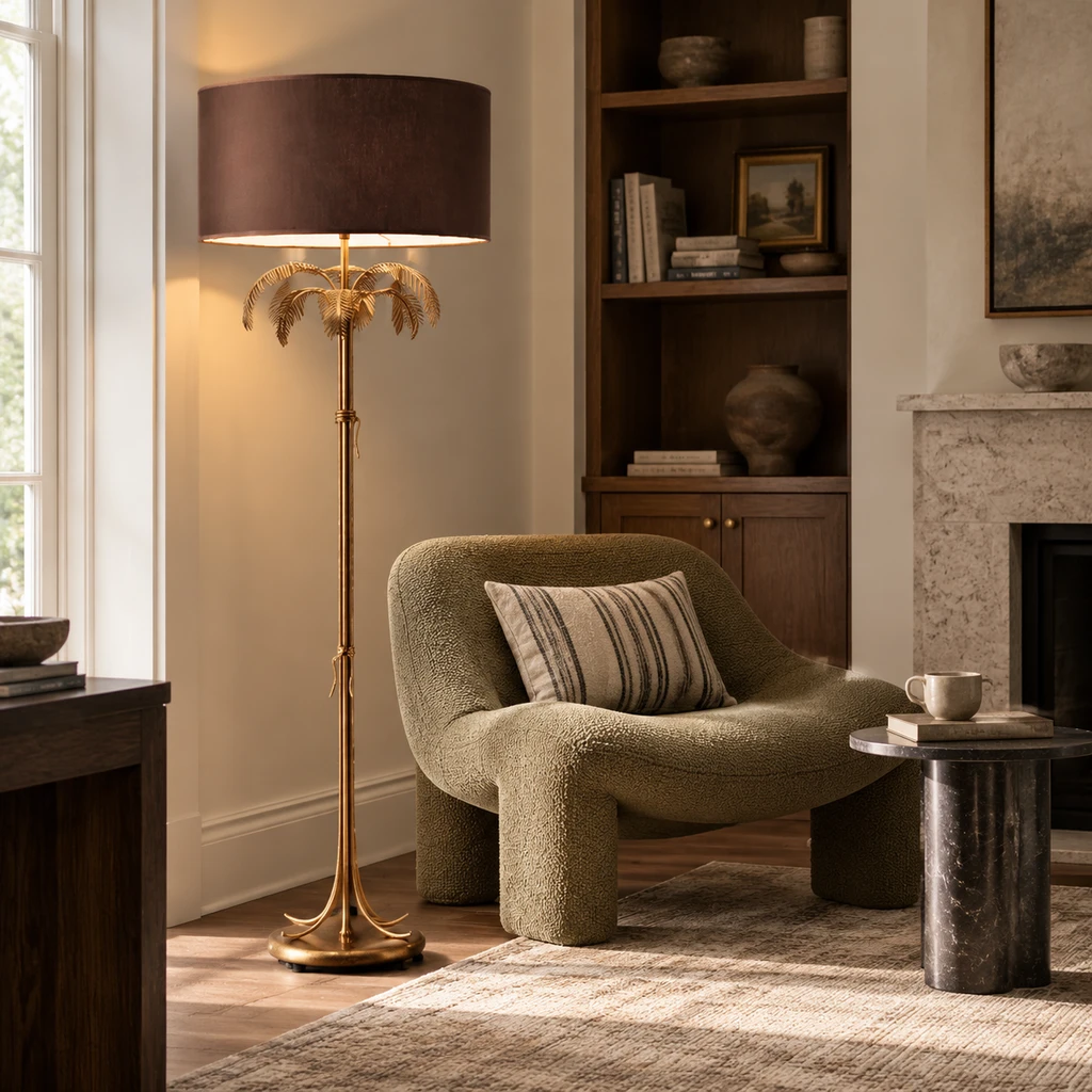 Marina floor lamp beside a sculptural reading chair