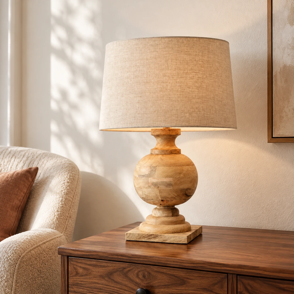 Natural wood table lamp in a reading nook