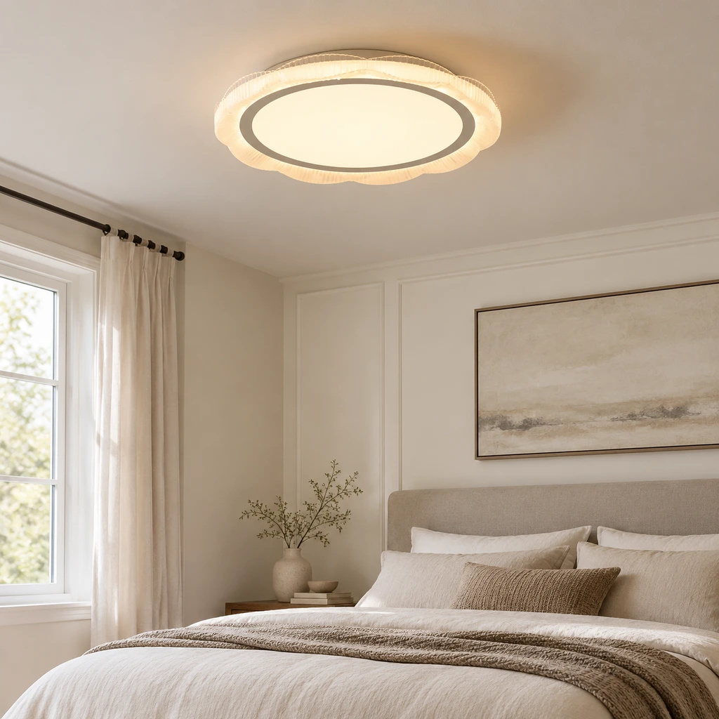 Luca halo ceiling light in a restrained bedroom