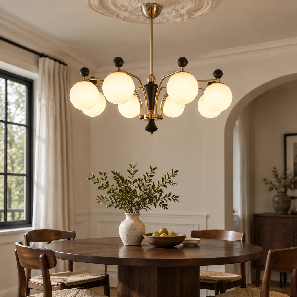 Julian chandelier above a walnut dining table