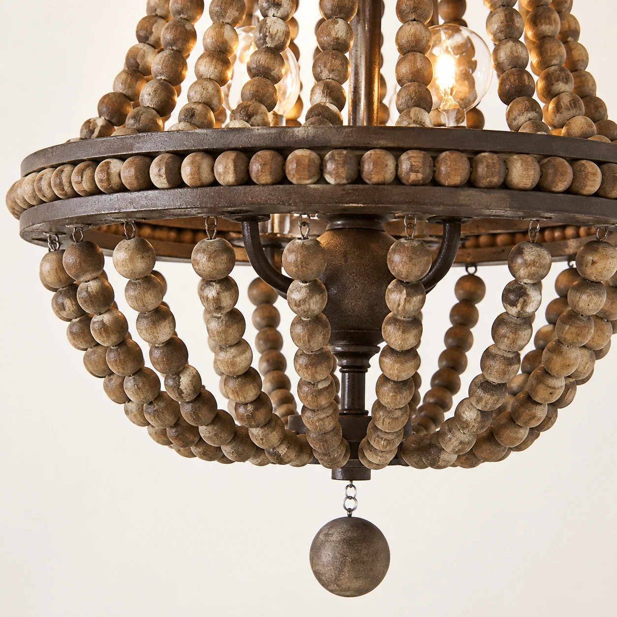 Close detail of wood and crystal bead strands