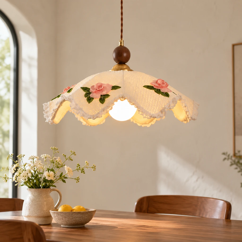 Nora embroidered fabric wood pendant light over a dining table