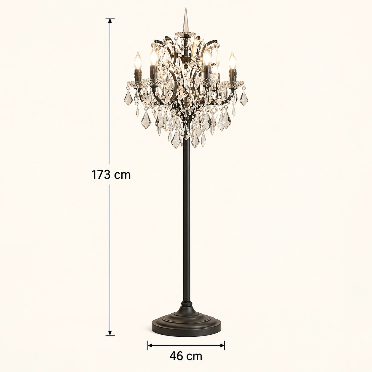 Verified floor-lamp dimensions: 46 cm diameter and 173 cm height