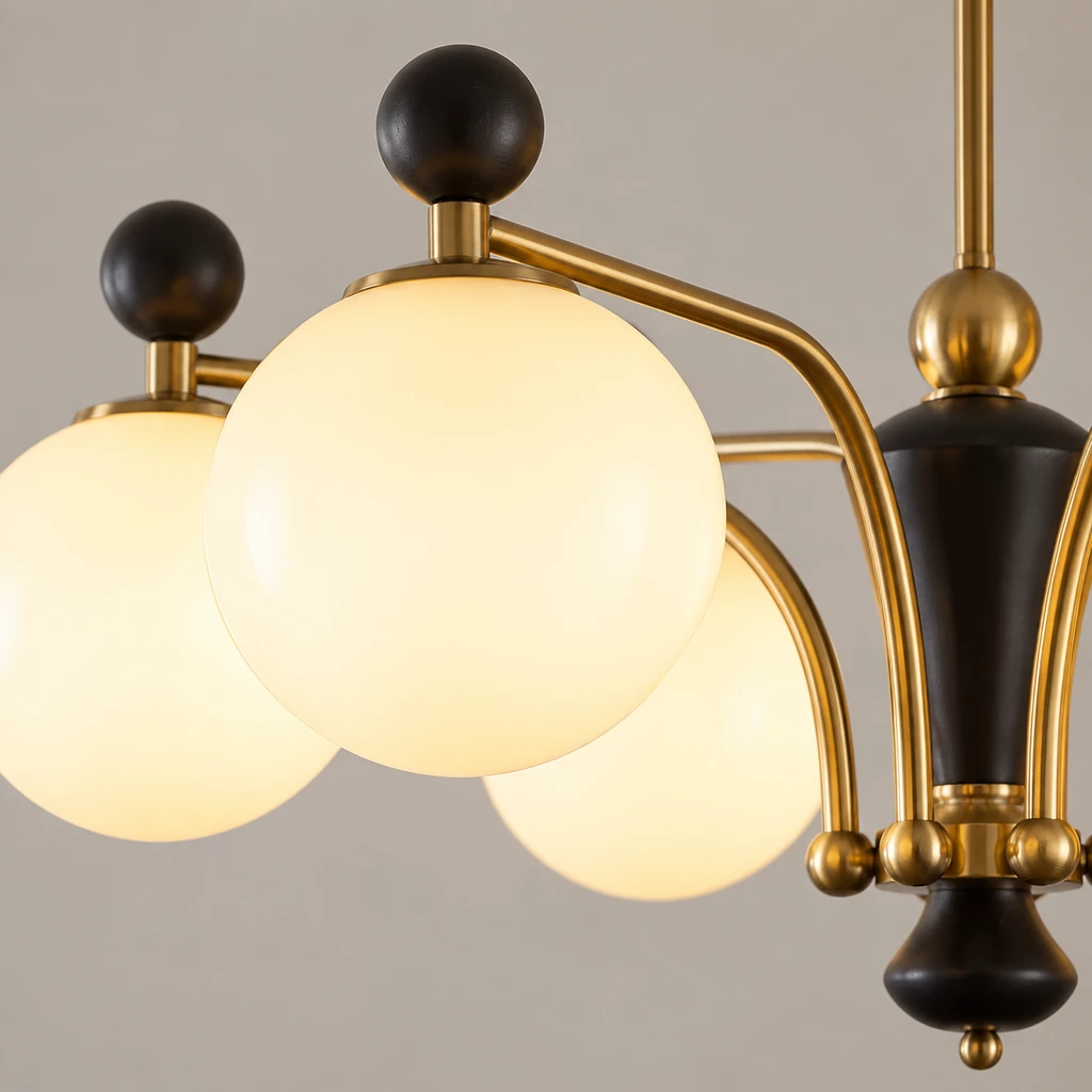Close detail of the opal glass globes and curved arm