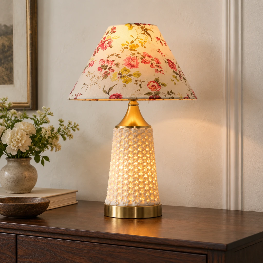 Clara textured ceramic table lamp with floral fabric shade