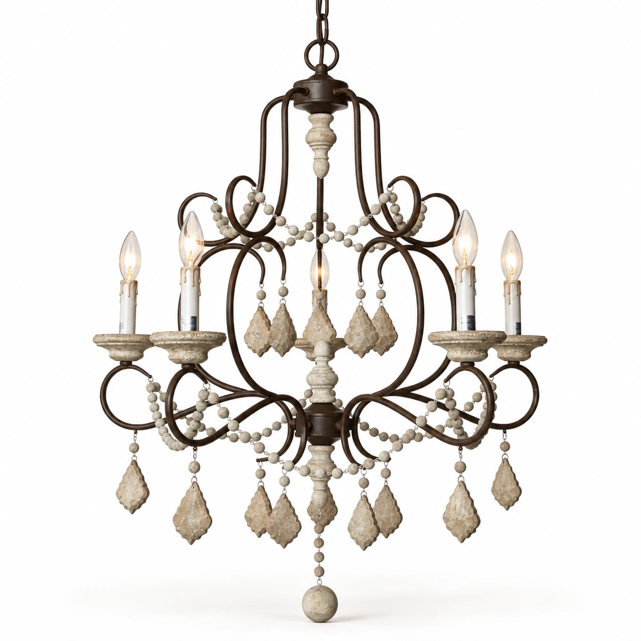 Mara five-light branching iron and wood chandelier on a warm white background
