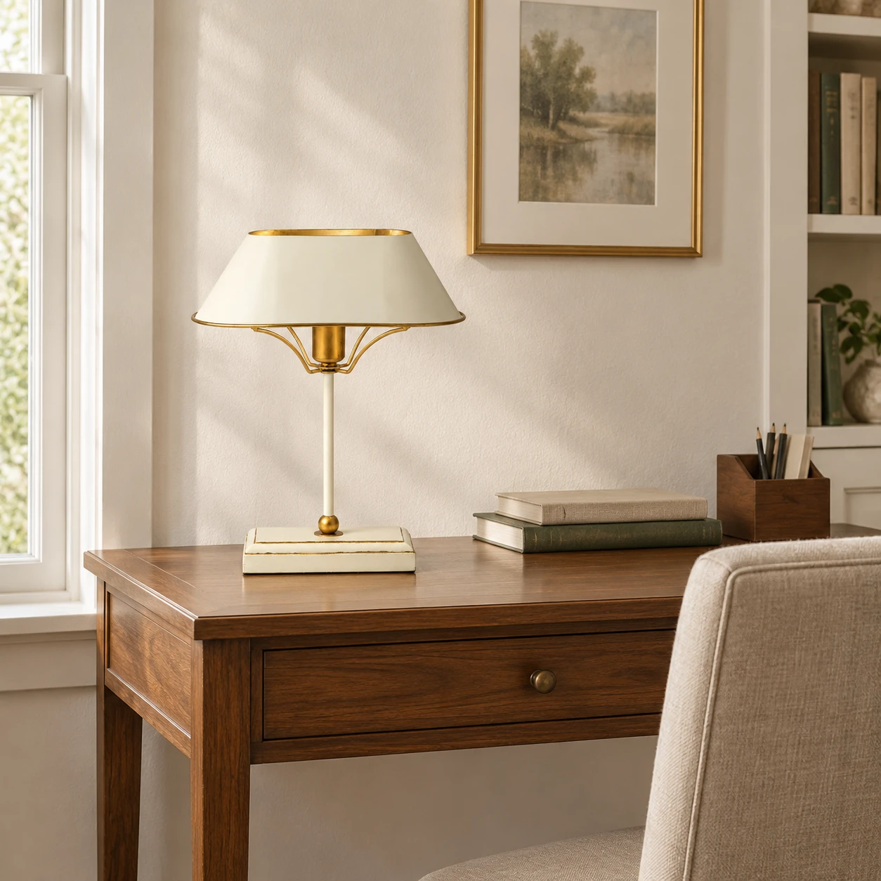 Ivory and gold Odette table lamp on a walnut writing desk