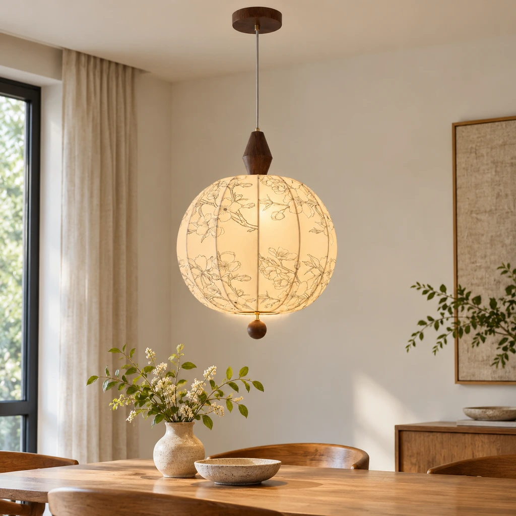 Amelia American Vintage Floral Wood & Fabric Pendant Light beside a bed