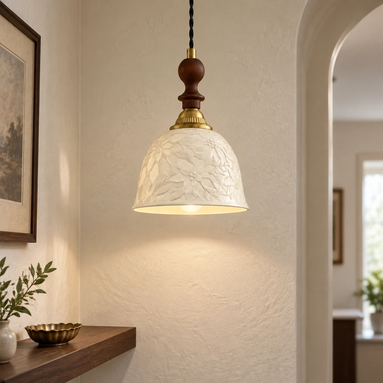 Wushlp Vintage Embossed Ceramic and Solid-Wood Pendant Light in a compact foyer