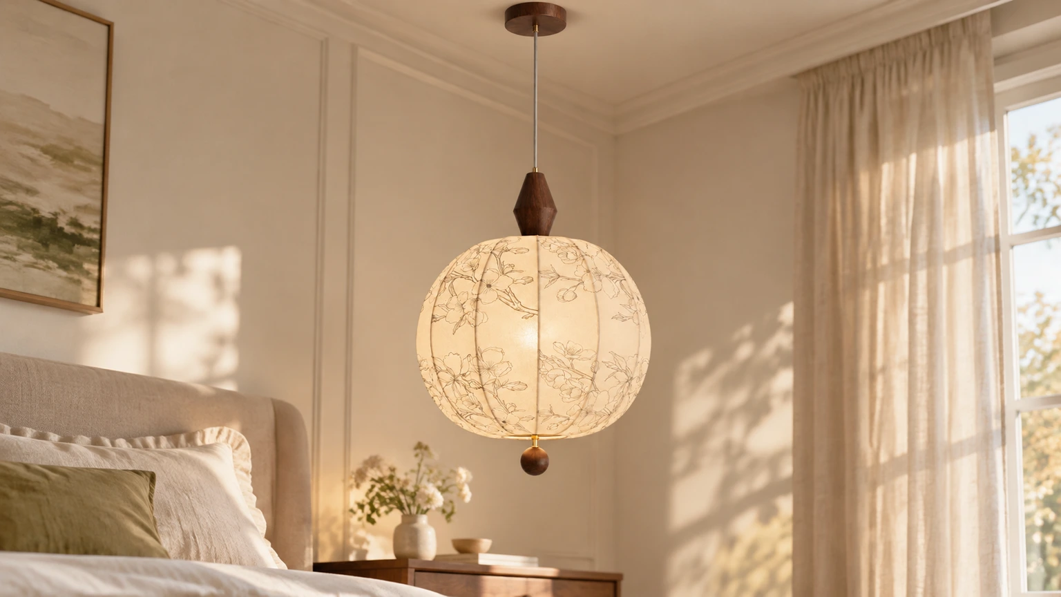 Amelia American Vintage Floral Wood & Fabric Pendant Light in a bright bedroom setting