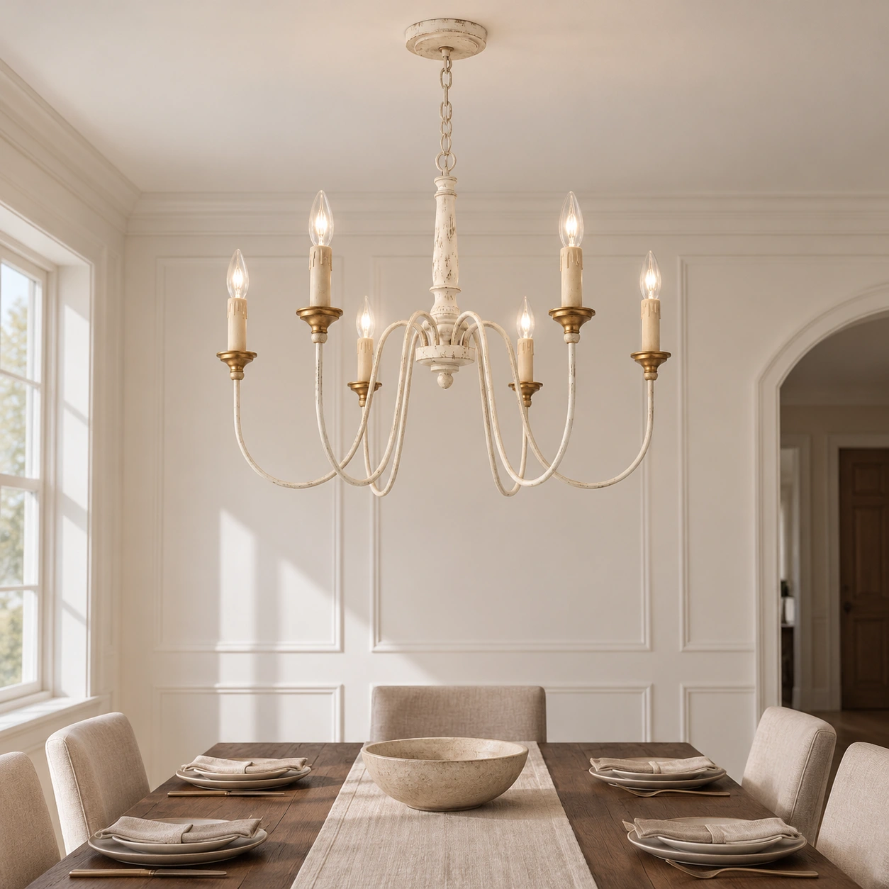 Six-arm wood and iron chandelier above a dining table