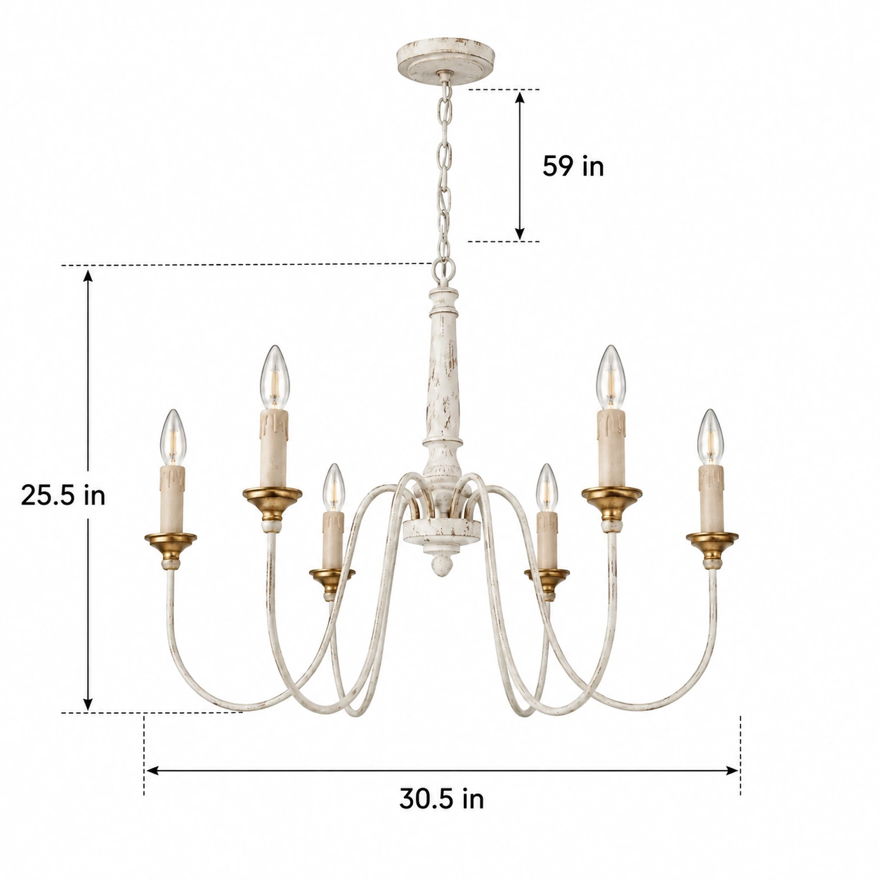 Chandelier width 30.5 inches, body height 25.5 inches, adjustable chain 59 inches
