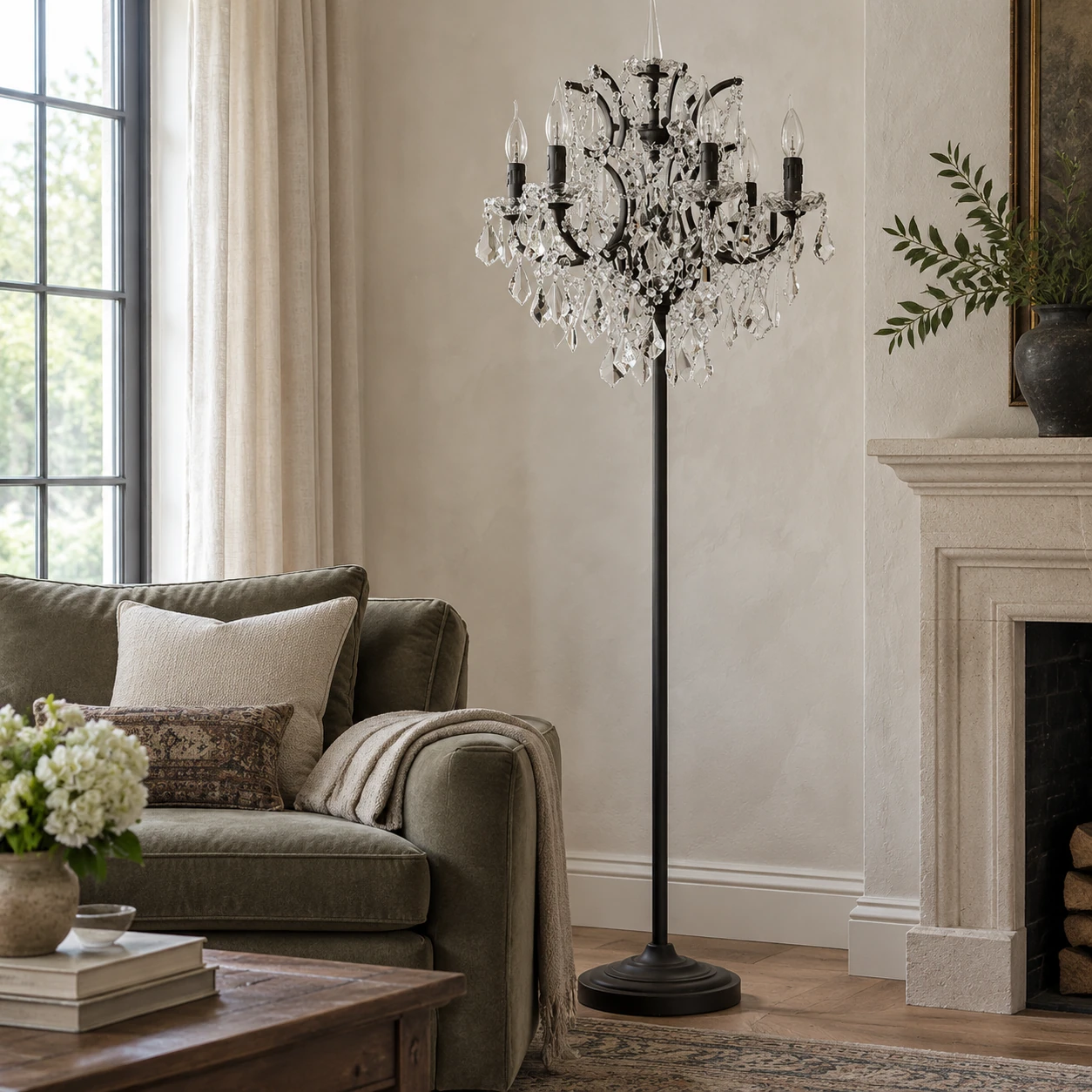 Celeste crystal candle floor lamp beside a sofa in a calm living room