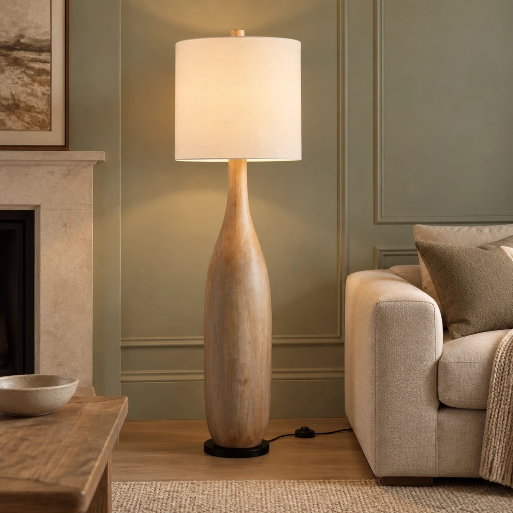 Amelia American Rustic Turned Wood and Fabric Floor Lamp, Natural Wood - 45 cm wide x 160 cm high, close room setting
