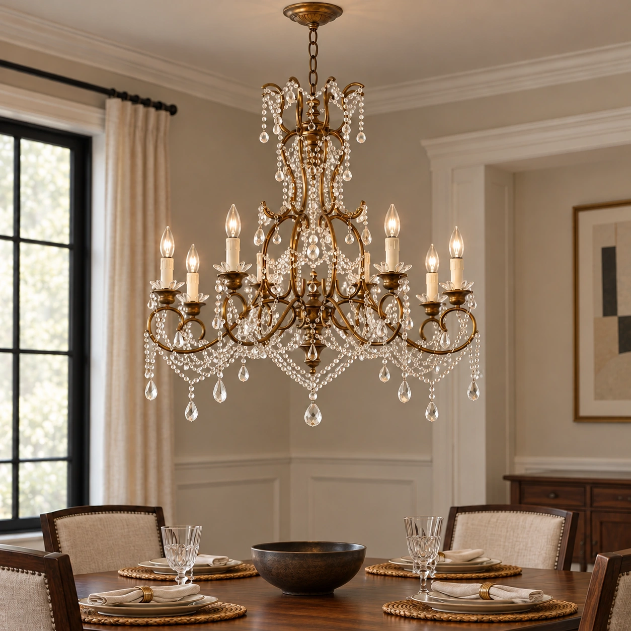 Aged-gold iron and crystal chandelier above a dining table