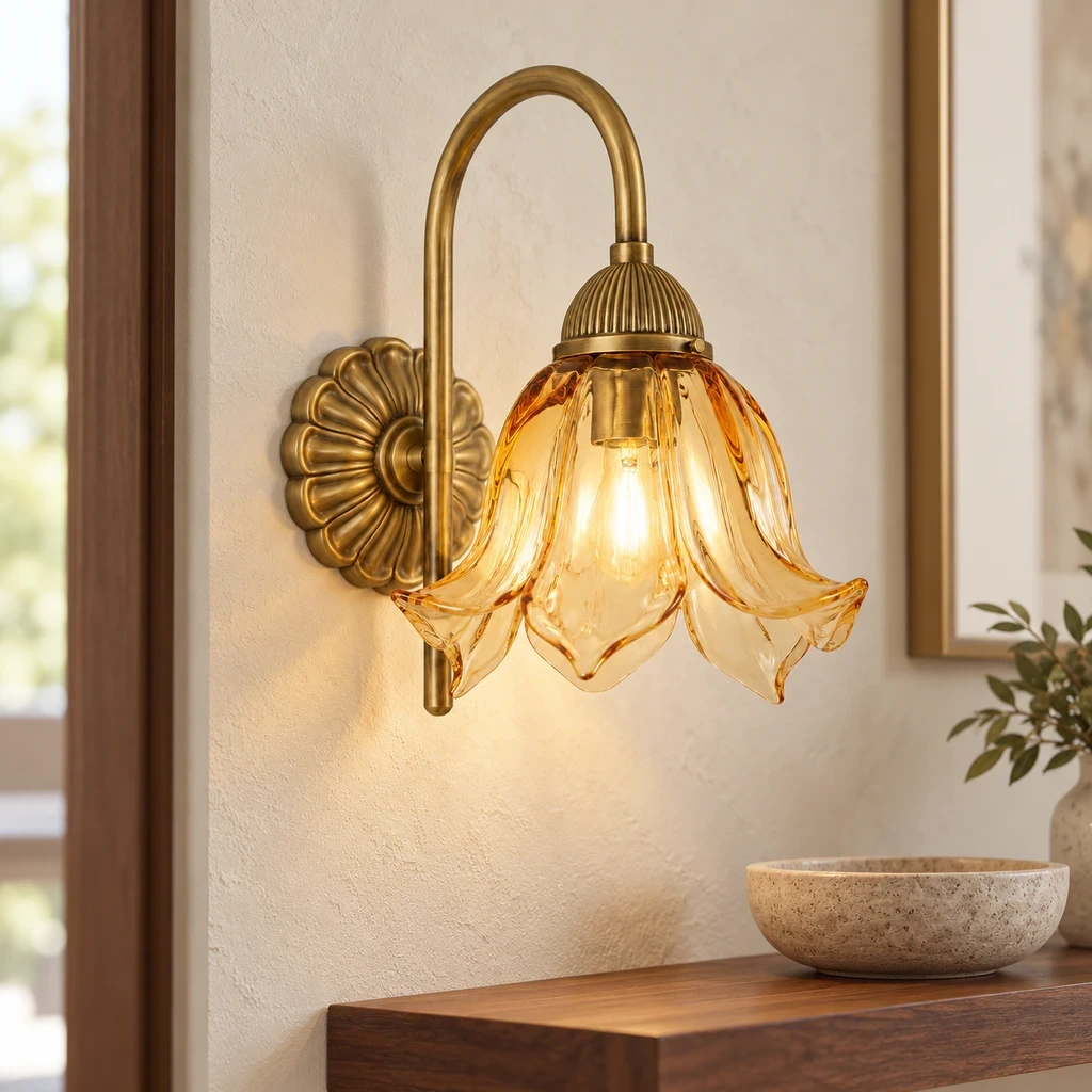 Wushlp Vintage Amber-Petal Glass Wall Light in a compact foyer