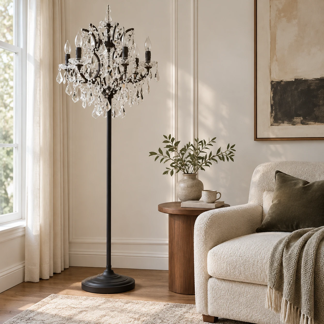 Celeste crystal candle floor lamp in a residential reading corner