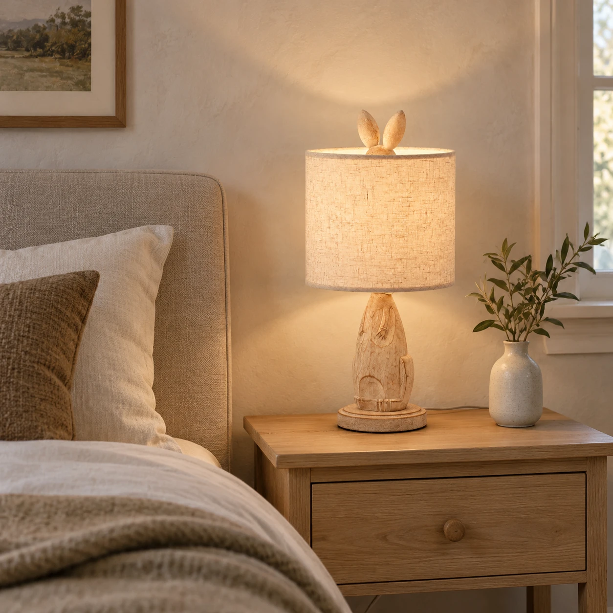 Natural washed-wood bunny table lamp on an oak bedside table