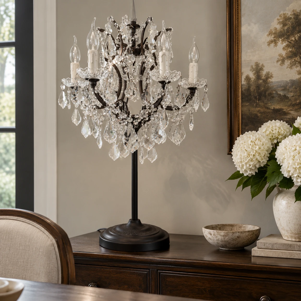 Celeste crystal candle table lamp on a dining-room sideboard