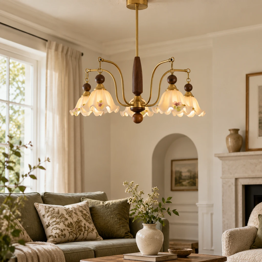 Camille floral chandelier in a restrained living room