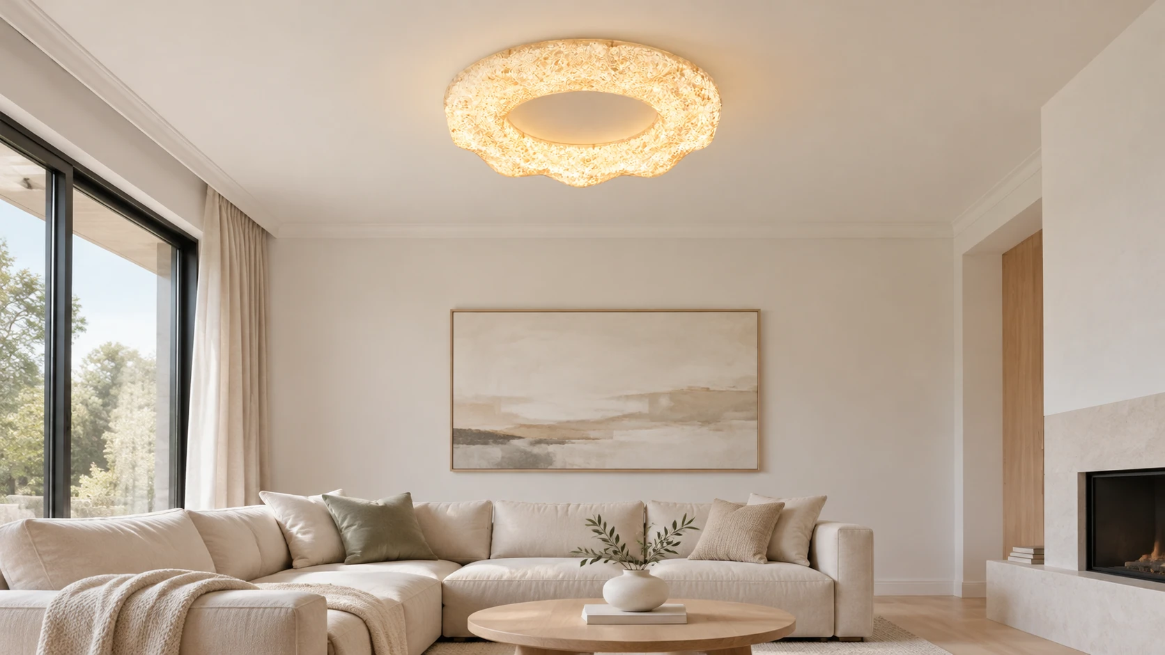 Clara resin ceiling light installed in a bright living room