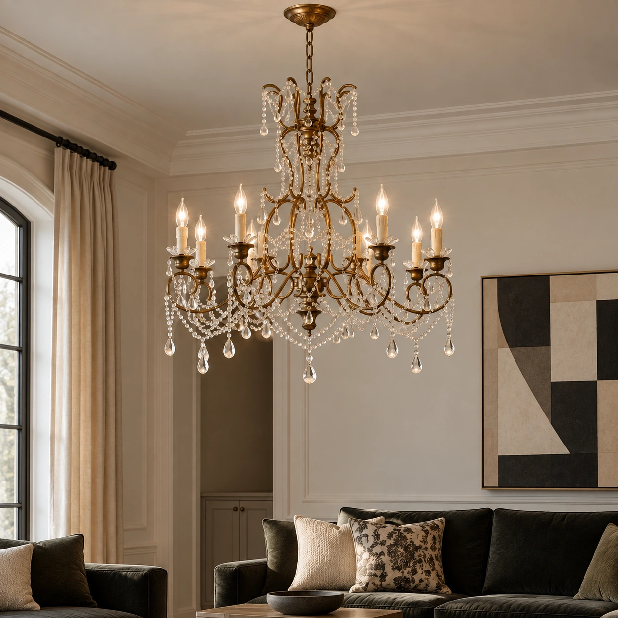 Eight-arm crystal chandelier in a living room