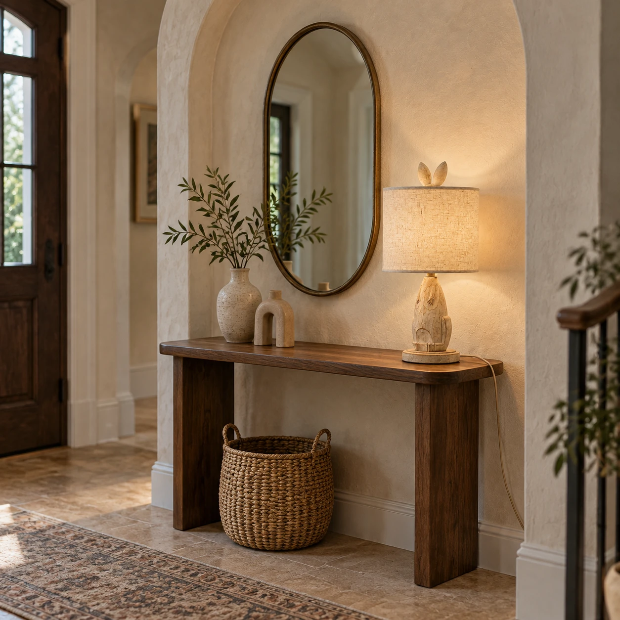 Carved wood bunny table lamp on a country console