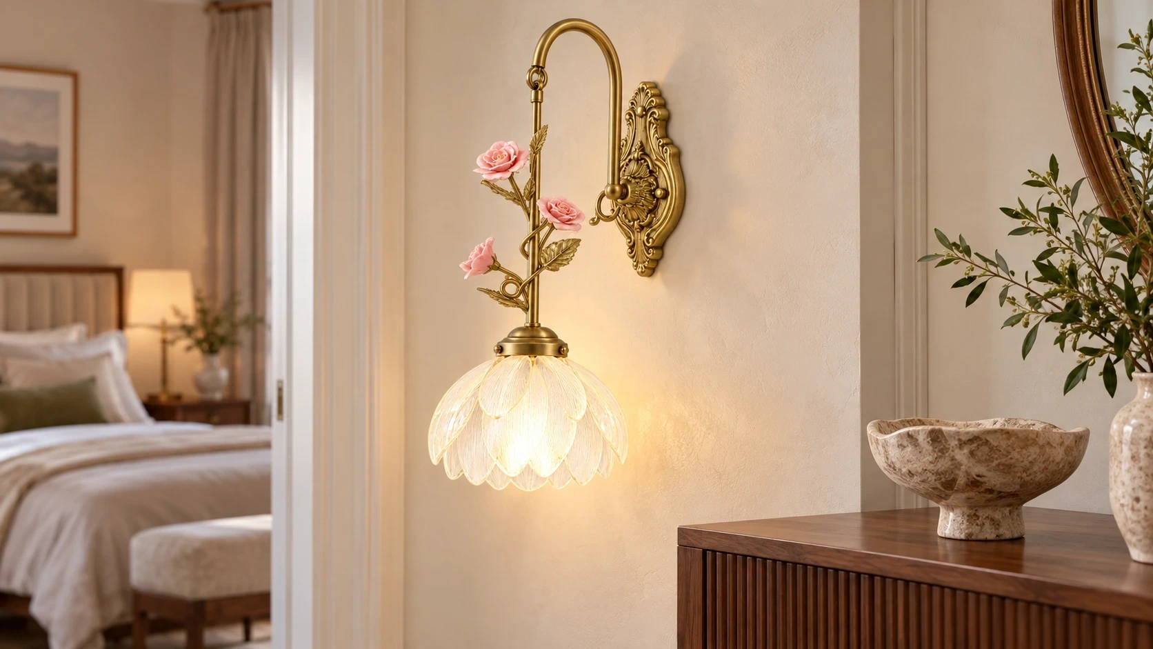 Wushlp Vintage Petal Copper Wall Light installed in a bright bedroom hallway
