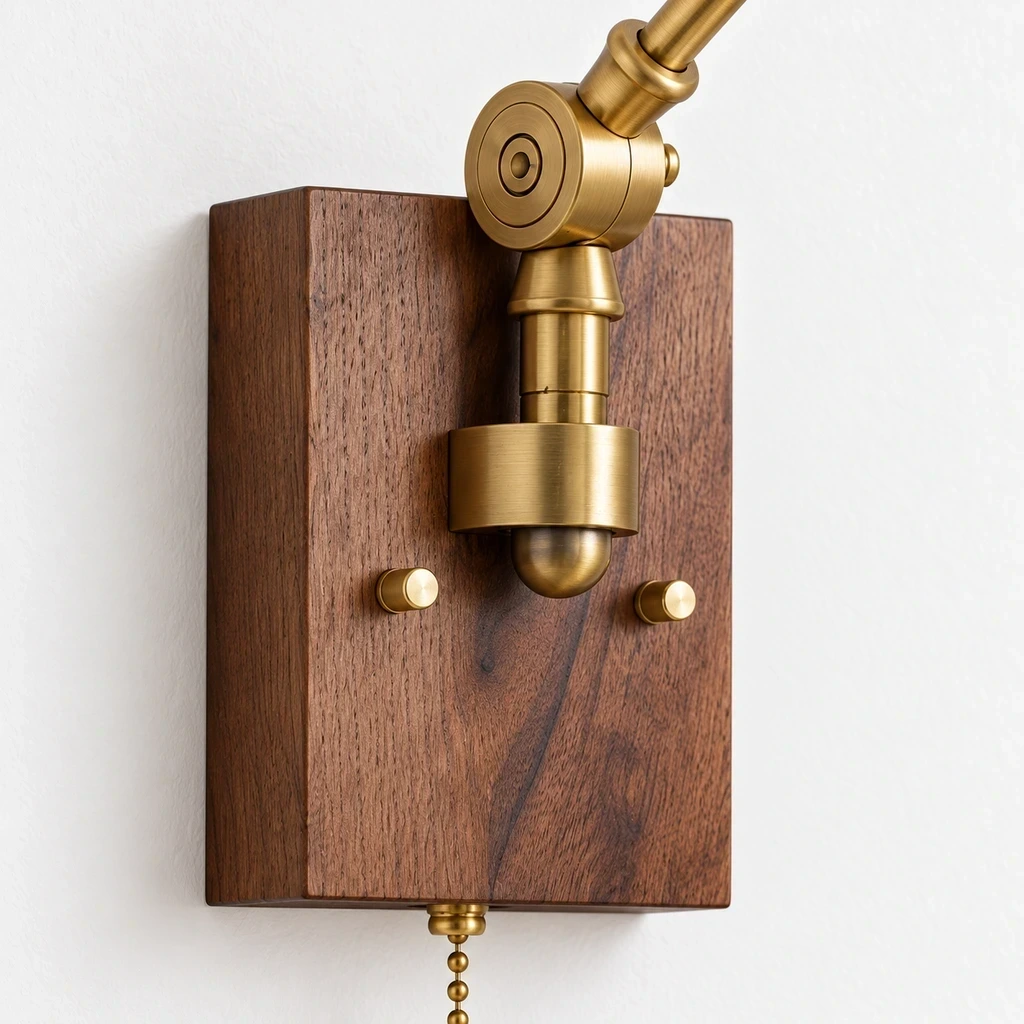 Close view of the ash-wood mount and pull chain