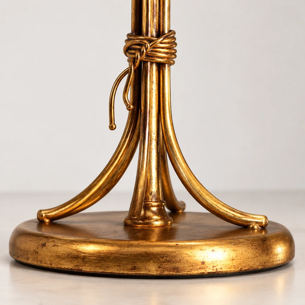 Close detail of the antique-gold floor-lamp base and curved supports