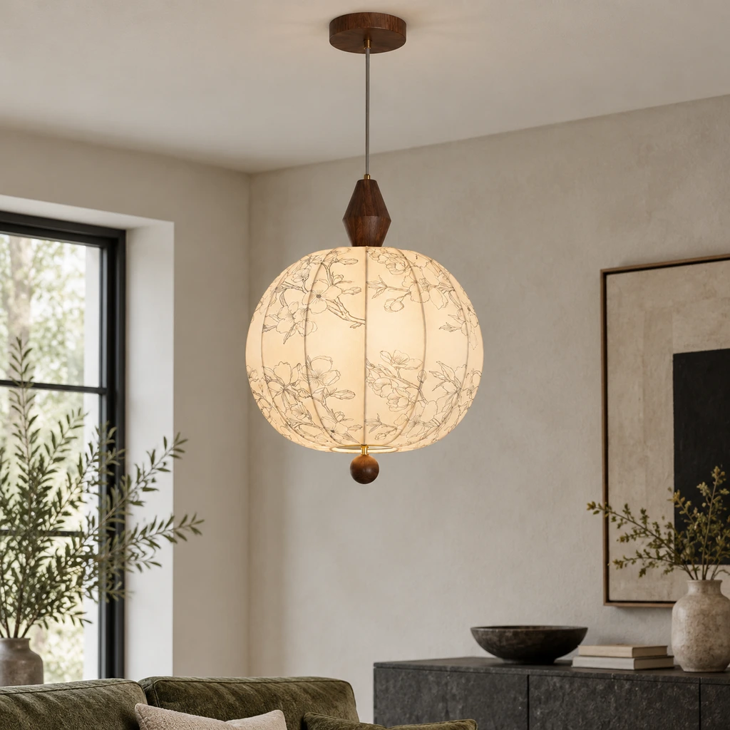 Amelia American Vintage Floral Wood & Fabric Pendant Light over a compact study corner