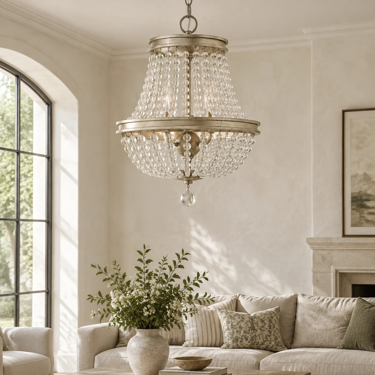 Nora large clear crystal bead chandelier in a living room