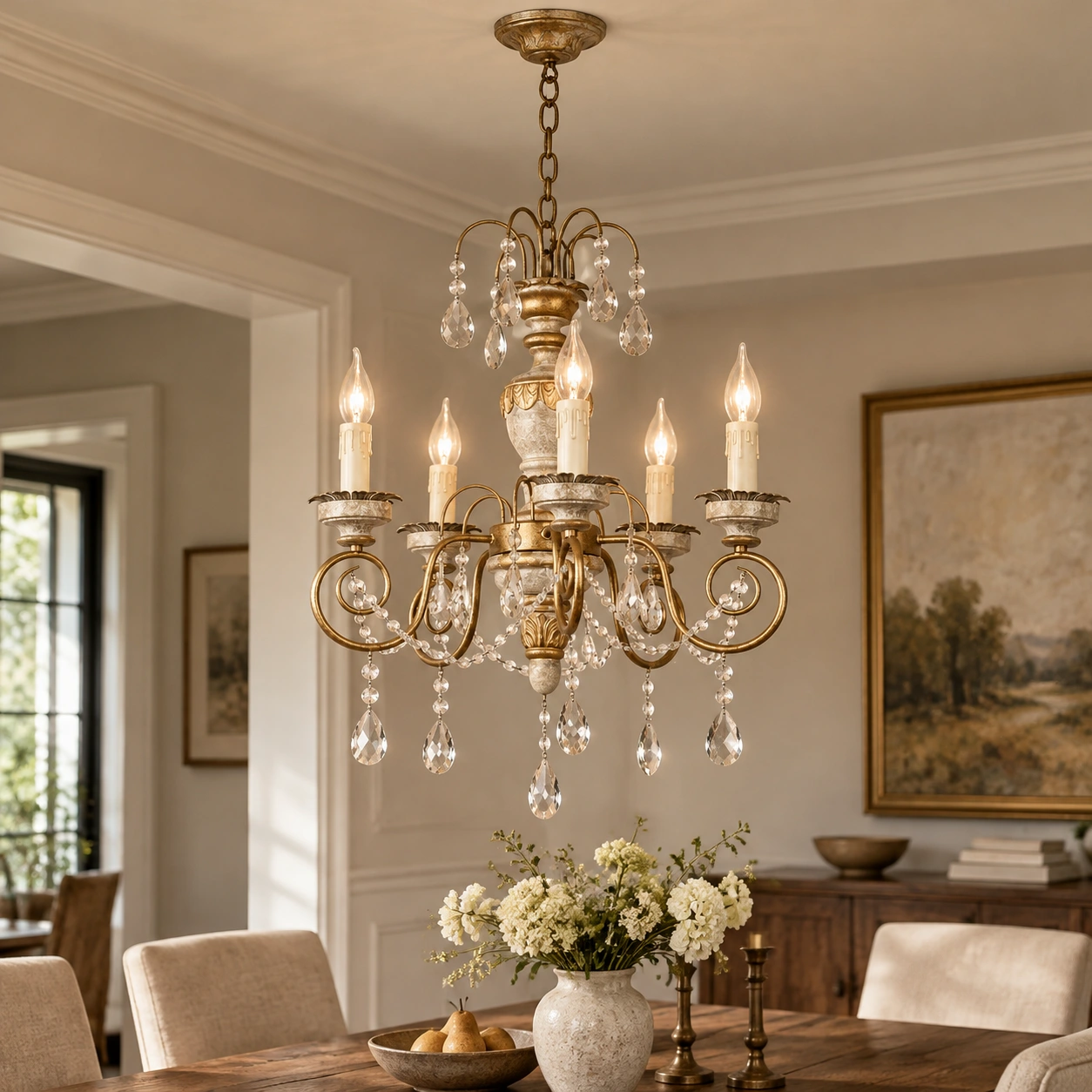 Crystal chandelier over a dining area