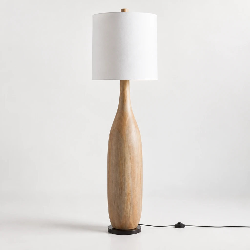 Amelia American Rustic Turned Wood and Fabric Floor Lamp, Natural Wood - 45 cm wide x 160 cm high, switched-off product in a neutral studio