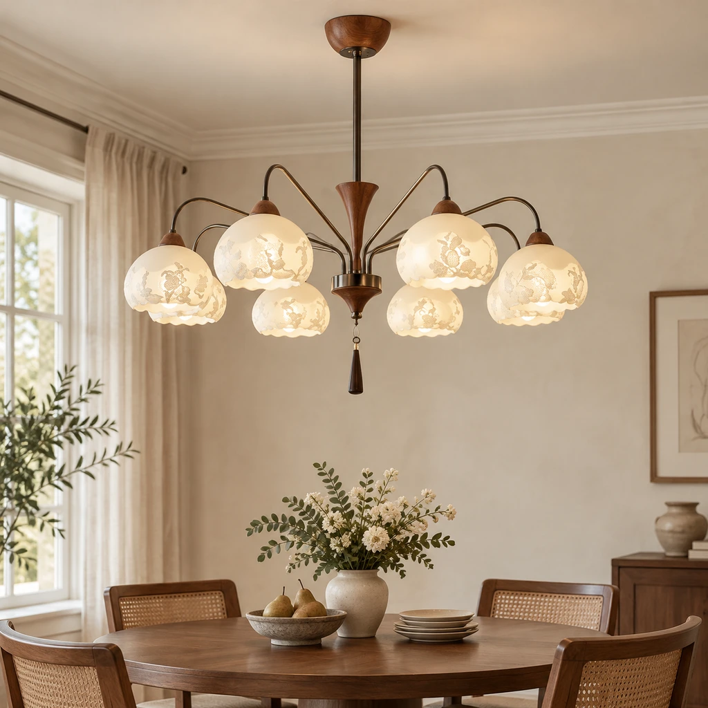 Elowen French vintage floral chandelier over a dining table